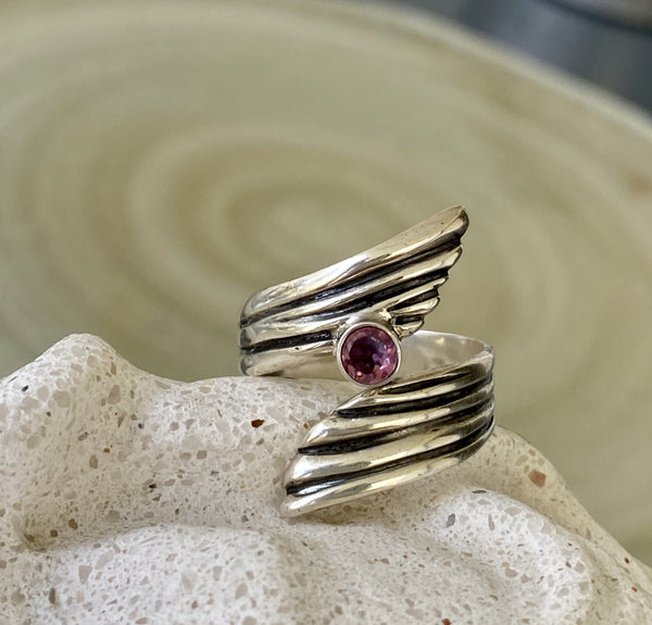 pink tourmaline gemstone ring silver, adjustable silver ring 