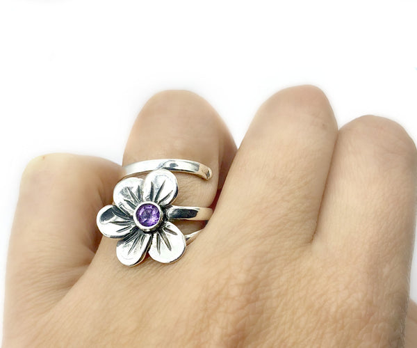 poppy flower ring, amethyst silver ring, silver ring adjustable 