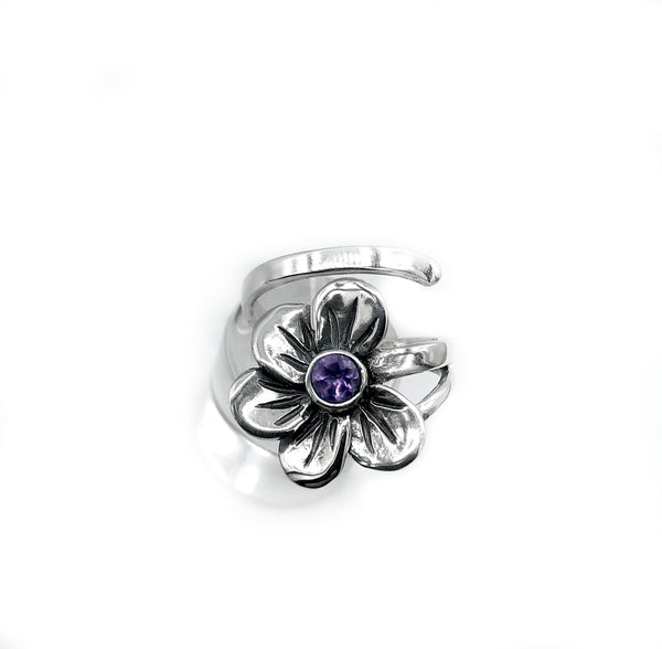 poppy flower ring, amethyst silver ring, silver ring adjustable 