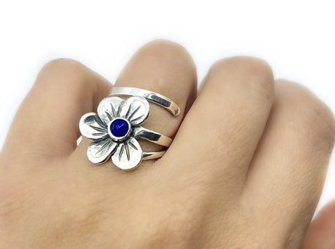 poppy flower ring, blue lapis silver ring, silver ring one size fits all 