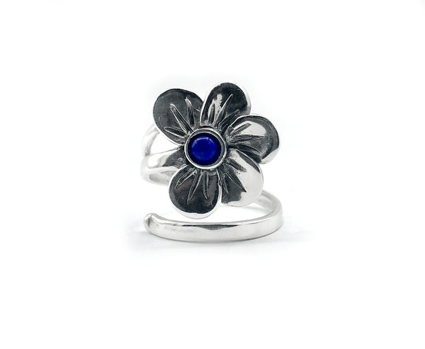 poppy flower ring, blue lapis silver ring, silver ring one size fits all 