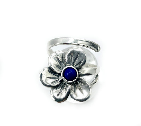 poppy flower ring, blue lapis silver ring, silver ring one size fits all 