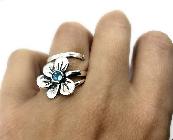 poppy flower ring, blue topaz silver ring, silver ring adjustable 