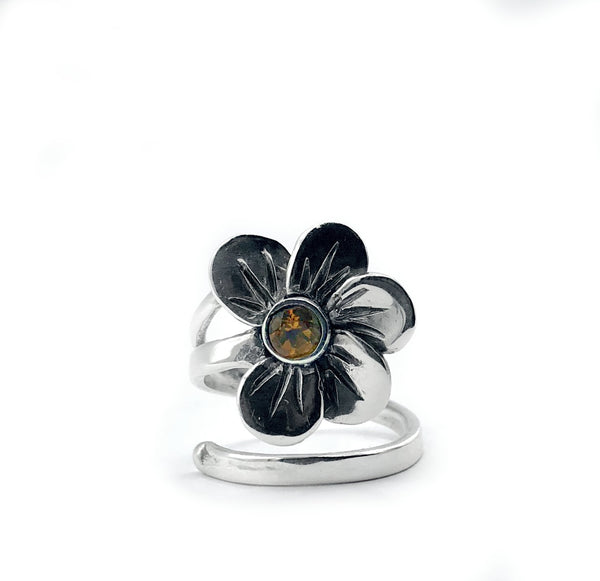 poppy flower ring, citrine silver ring, silver ring adjustable 