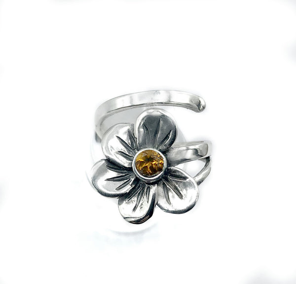 poppy flower ring, citrine silver ring, silver ring adjustable 