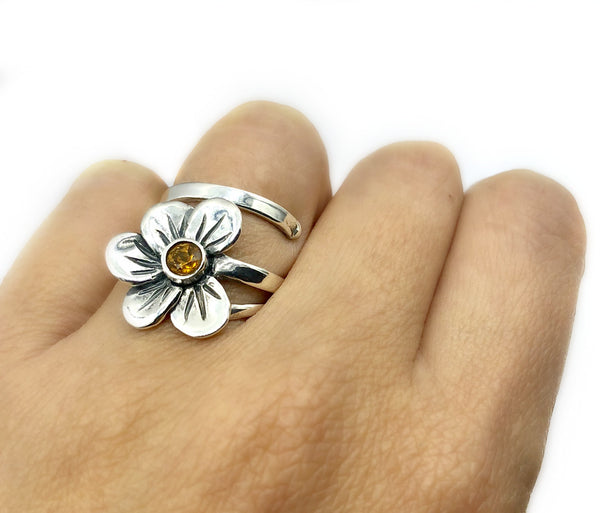 poppy flower ring, citrine silver ring, silver ring adjustable 