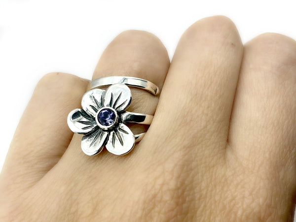 poppy flower ring, blue iolite silver ring, silver ring adjustable 