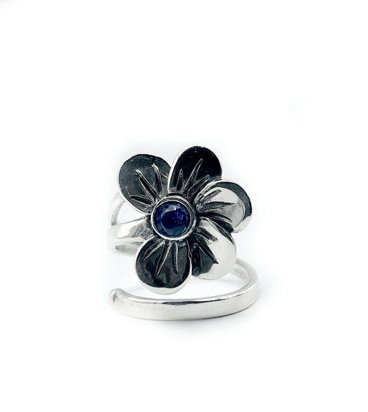 poppy flower ring, blue iolite silver ring, silver ring adjustable 