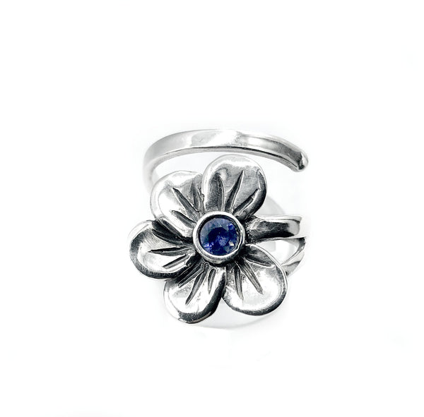 poppy flower ring, blue iolite silver ring, silver ring adjustable 