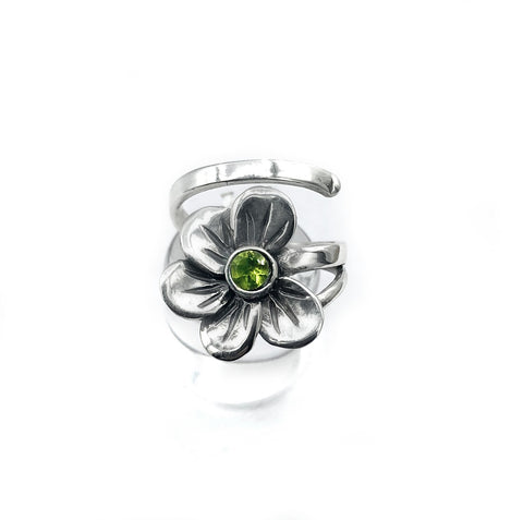poppy flower ring, peridot silver ring, silver ring adjustable 