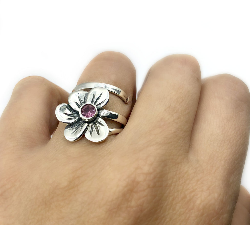 poppy flower ring, pink tourmaline silver ring, silver ring adjustable 