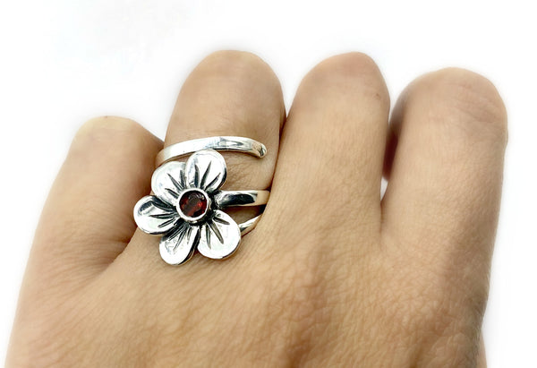 poppy flower ring, red garnet silver ring, silver ring adjustable 