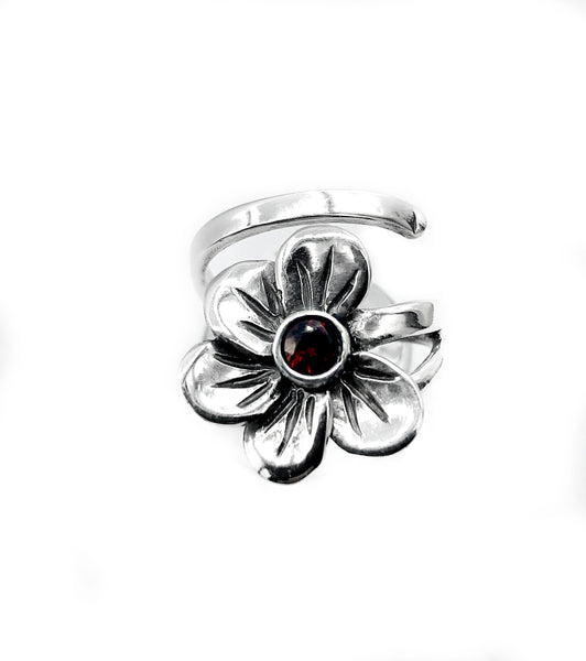 poppy flower ring, red garnet silver ring, silver ring adjustable 