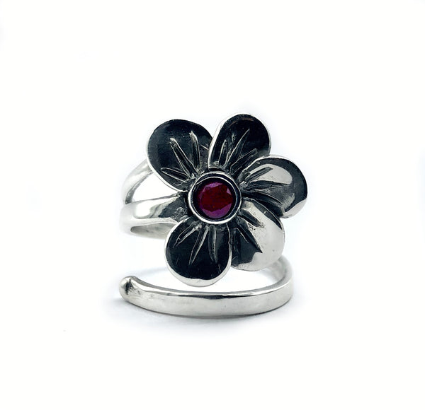 poppy flower ring, red garnet silver ring, silver ring adjustable 