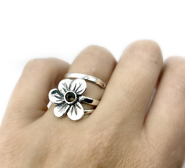 poppy flower ring, smoky quartz silver ring, silver ring one size fits all 