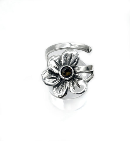 poppy flower ring, smoky quartz silver ring, silver ring one size fits all 