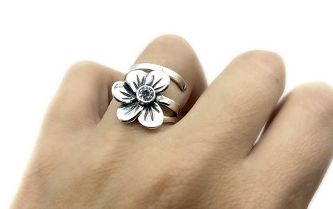 poppy flower ring, zircon silver ring, silver ring one size fits all 