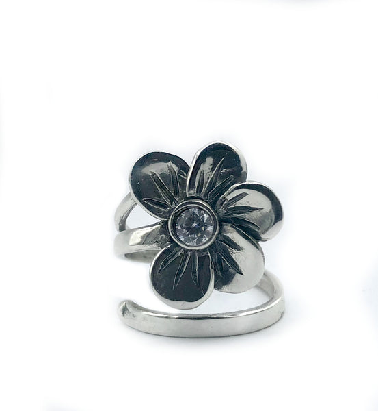 poppy flower ring, zircon silver ring, silver ring one size fits all 