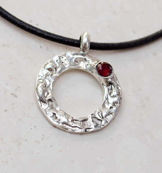 Red garnet silver pendant, red stone pendant, geometric circle pendant 