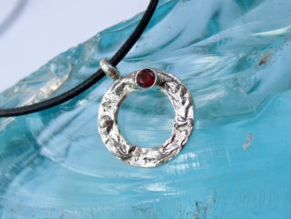 Red garnet silver pendant, red stone pendant, geometric circle pendant 