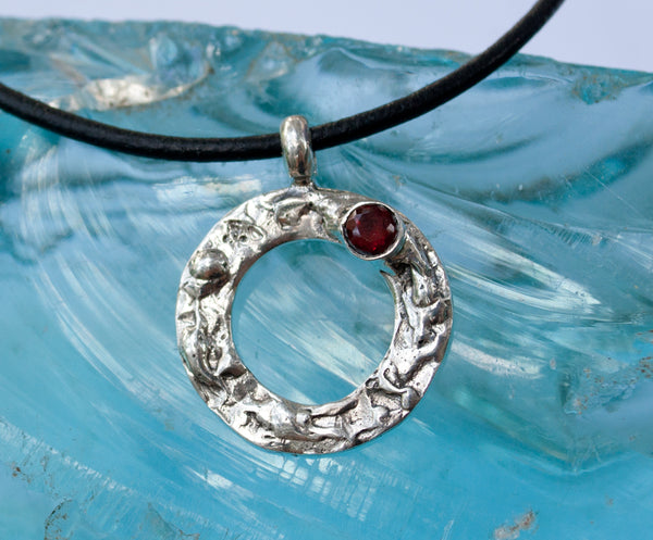 Red garnet silver pendant, red stone pendant, geometric circle pendant 