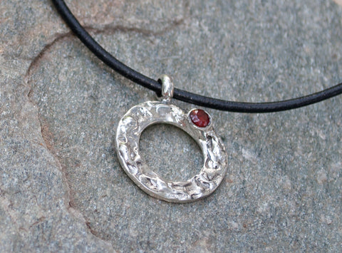 Red garnet silver pendant, red stone pendant, geometric circle pendant 