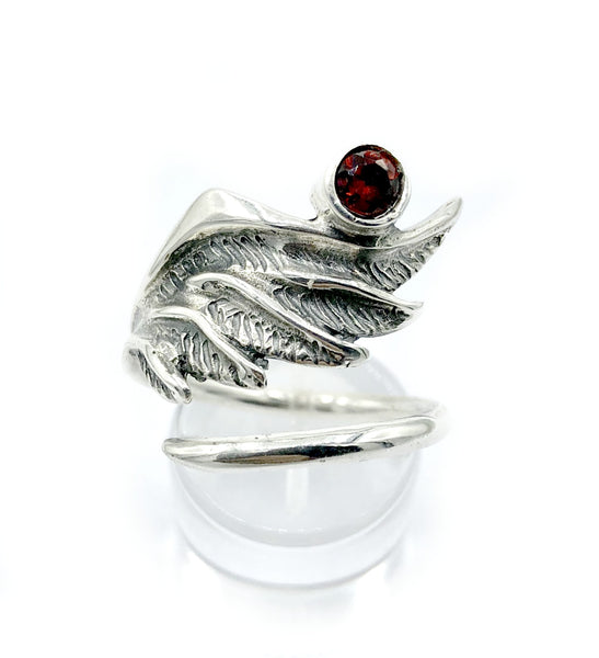 wing ring, silver ring, red garnet ring, silver adjustable ring, archangel ring 