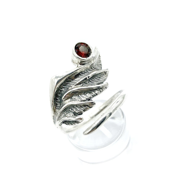 wing ring, silver ring, red garnet ring, silver adjustable ring, archangel ring 