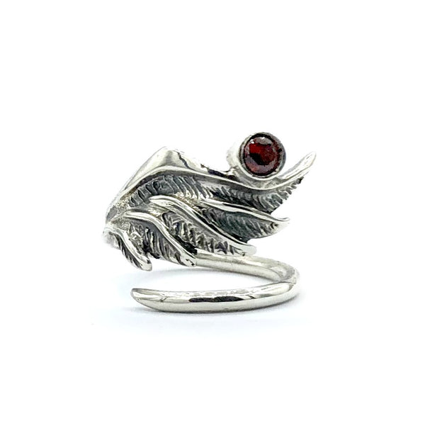 wing ring, silver ring, red garnet ring, silver adjustable ring, archangel ring 