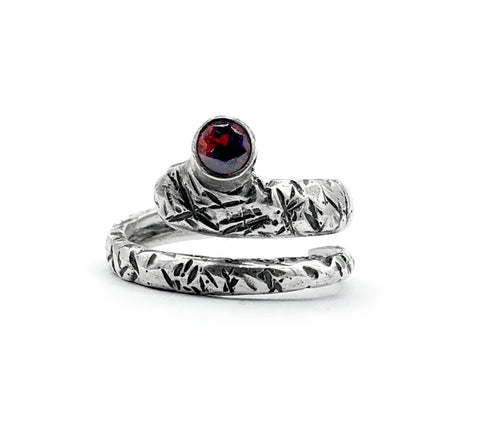 red garnet ring, snake ring, red stone ring, January birthstone silver ring 