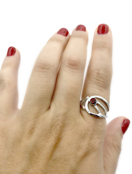 red garnet ring, red stone ring, modern silver ring January birthstone ring 