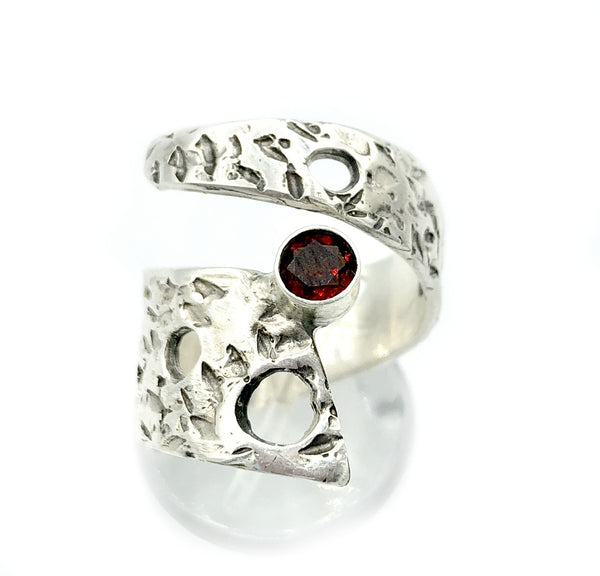 Abstract silver ring, red garnet ring, silver adjustable ring, January birthstone ring 