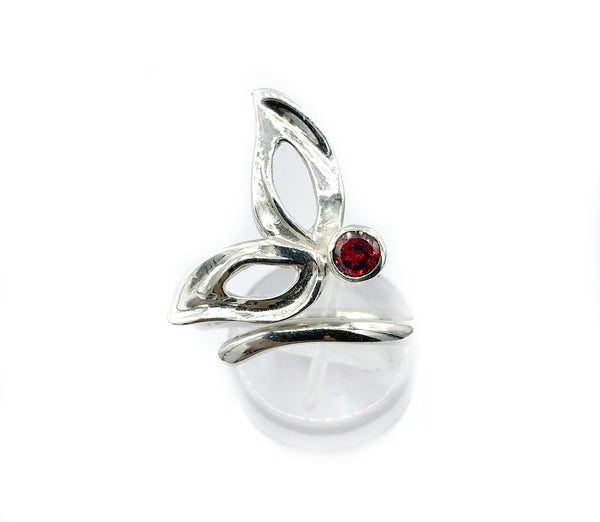 flower ring, red garnet silver ring, contemporary silver ring adjustable 