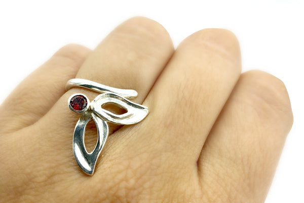 flower ring, red garnet silver ring, contemporary silver ring adjustable 