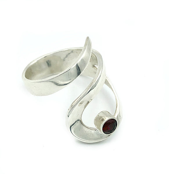 red garnet silver adjustable ring, drop shape silver ring, contemporary silver ring 