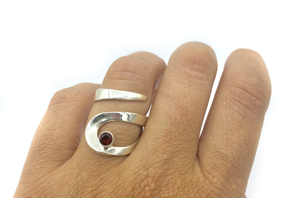 red garnet silver adjustable ring, drop shape silver ring, contemporary silver ring 