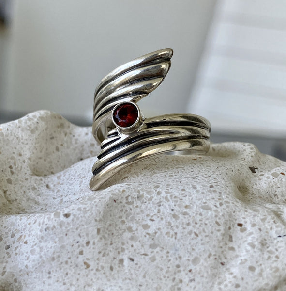 red garnet gemstone ring silver, adjustable silver ring, red gemstone silver ring 