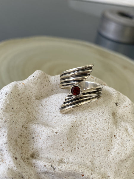 red garnet gemstone ring silver, adjustable silver ring, red gemstone silver ring 