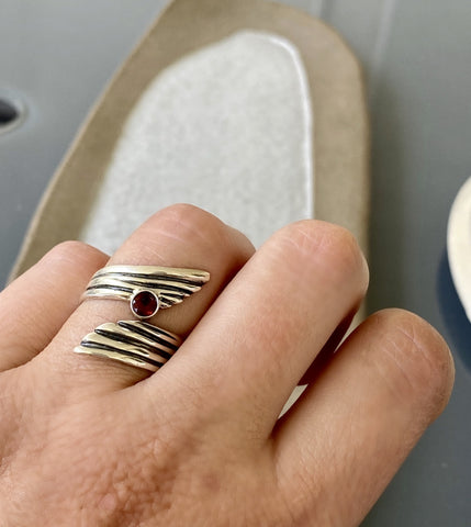 red garnet gemstone ring silver, adjustable silver ring, red gemstone silver ring 