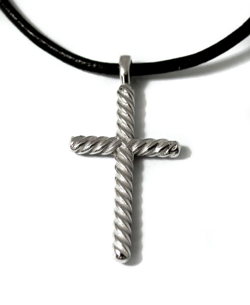 rope silver cross necklace with leather cord, rope silver cross 