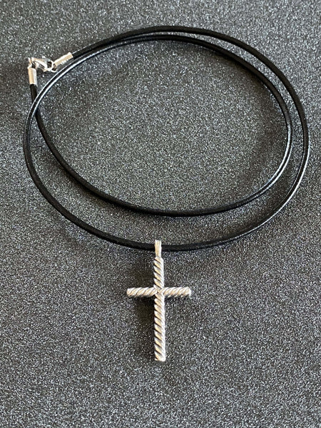 rope silver cross necklace with leather cord, rope silver cross 