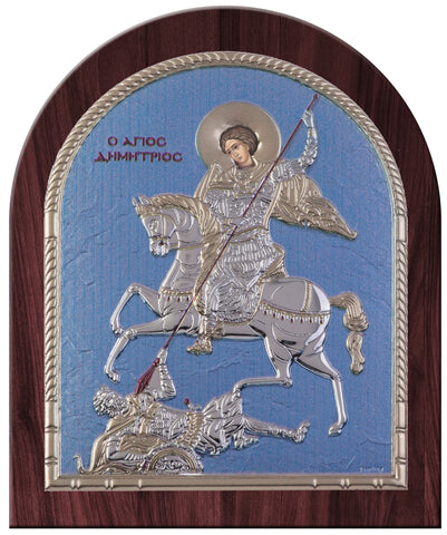 Saint Dimitrios Greek Orthodox Silver Icon, Blue Ciel 24.5x20cm 