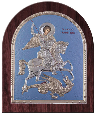 Saint George Greek Orthodox Silver Icon, Blue Ciel 20x24.5cm 