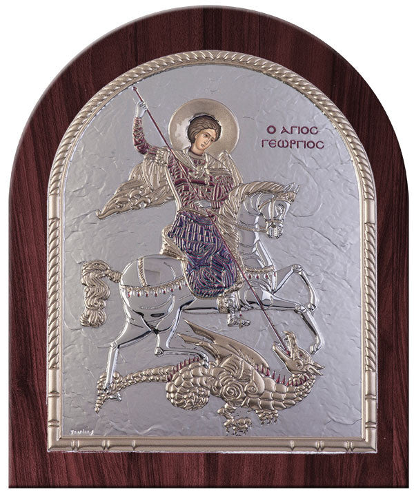 Saint George Greek Orthodox Silver Icon, Burgundy 20x24.5cm 