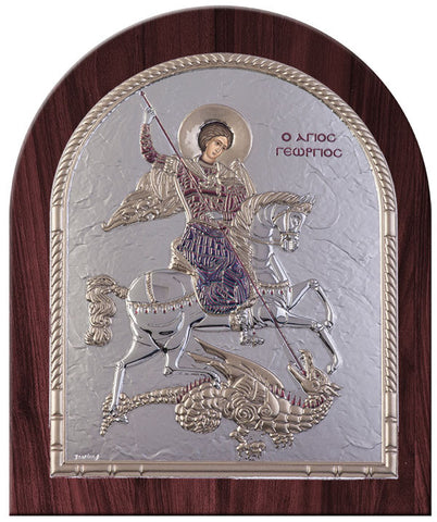 Saint George Greek Orthodox Silver Icon, Burgundy 20x24.5cm 