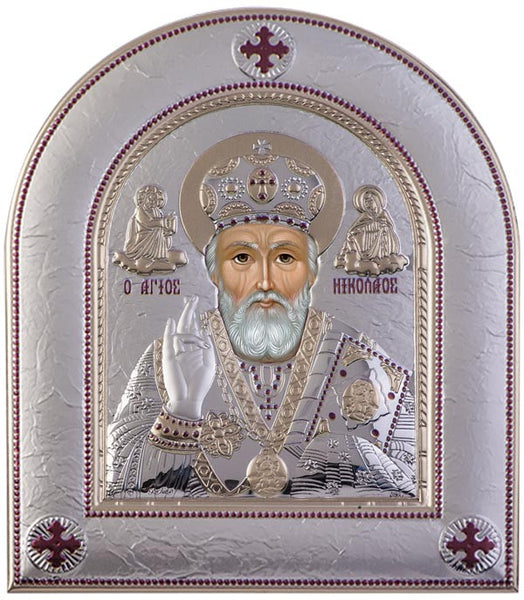 Saint Nicholas Byzantine Greek Orthodox Religion Silver Icon, Silver  18.6x22cm 