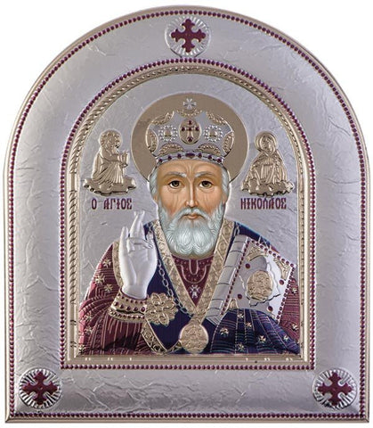 Saint Nicholas Silver Greek Orthodox Icon, Burgundy  25.5x30.4cm 