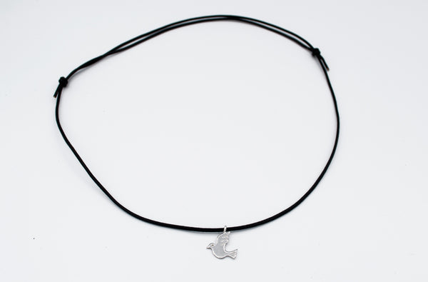 silver dove pendant, leather cord adjustable bird charm necklace 