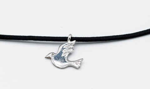 silver dove pendant, leather cord adjustable bird charm necklace 