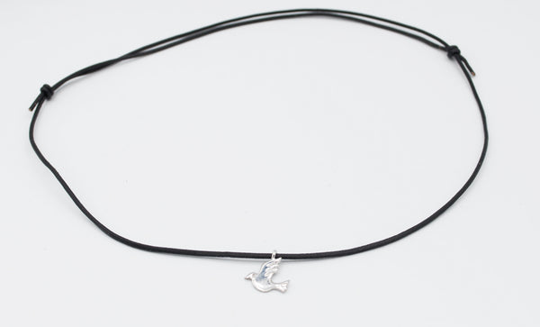 silver dove pendant, leather cord adjustable bird charm necklace 